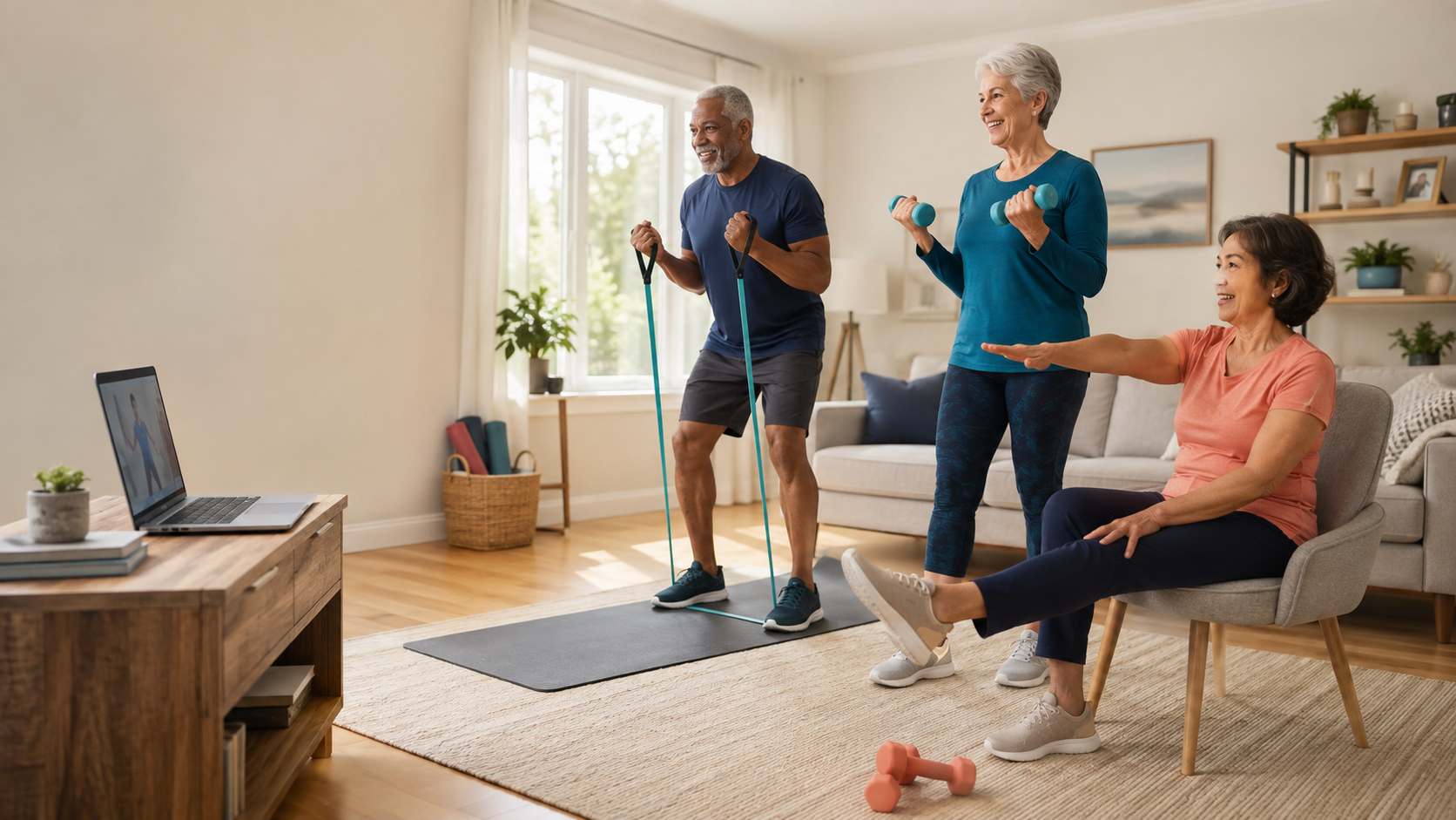 Three adults over 50 following an online strength and mobility workout at home