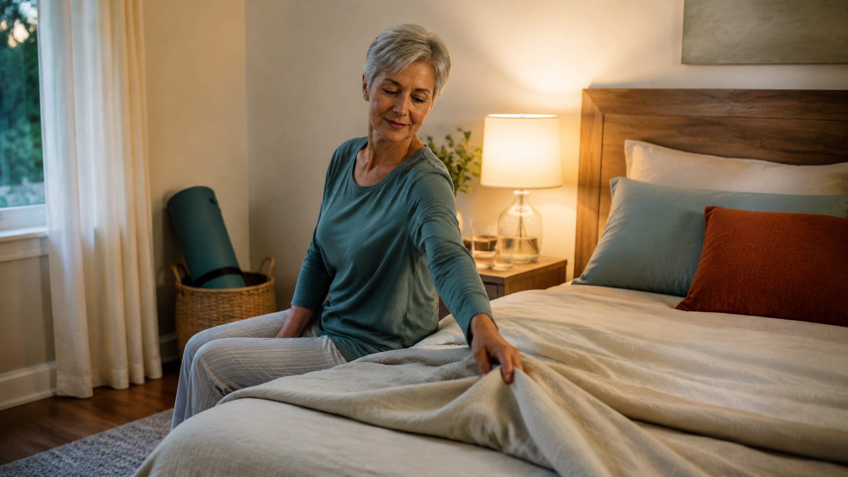 Active woman over 50 preparing breathable bedding in a calm bedroom with an exercise mat nearby